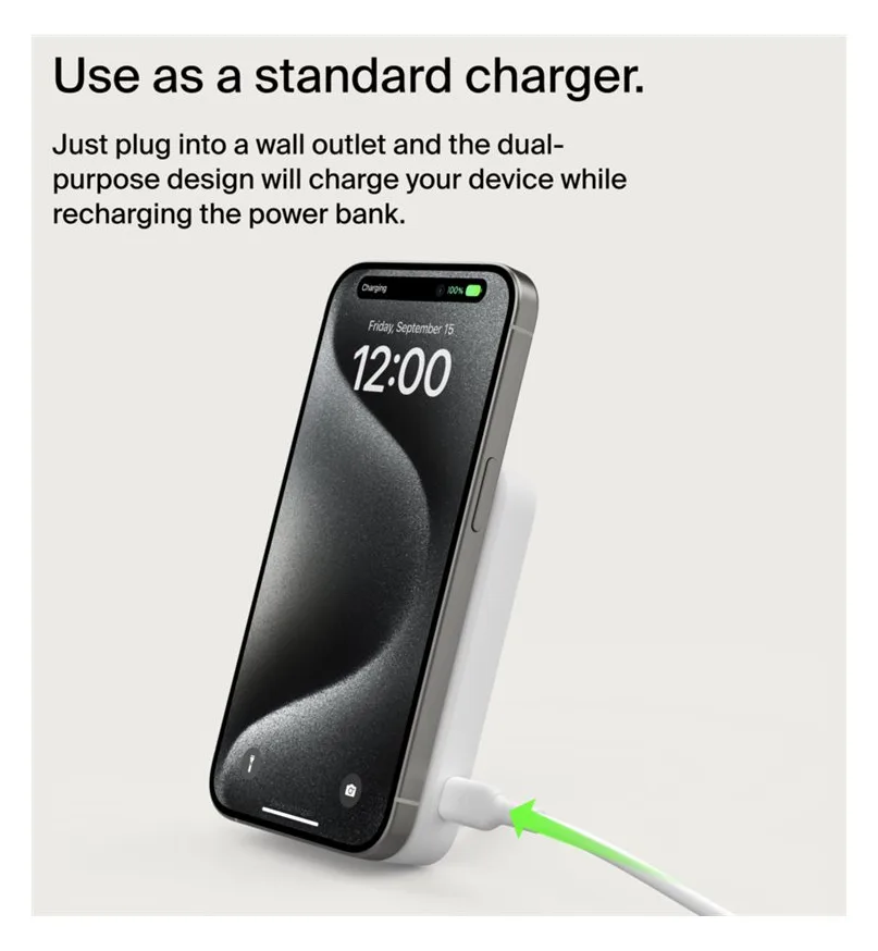 Belkin BoostCharge Pro - Induktive Power Bank - magnetisch mit Qi2 - 8000 mAh - 15 Watt - Fast Charge (24 pin USB-C) - Weiß, Ansicht 5
