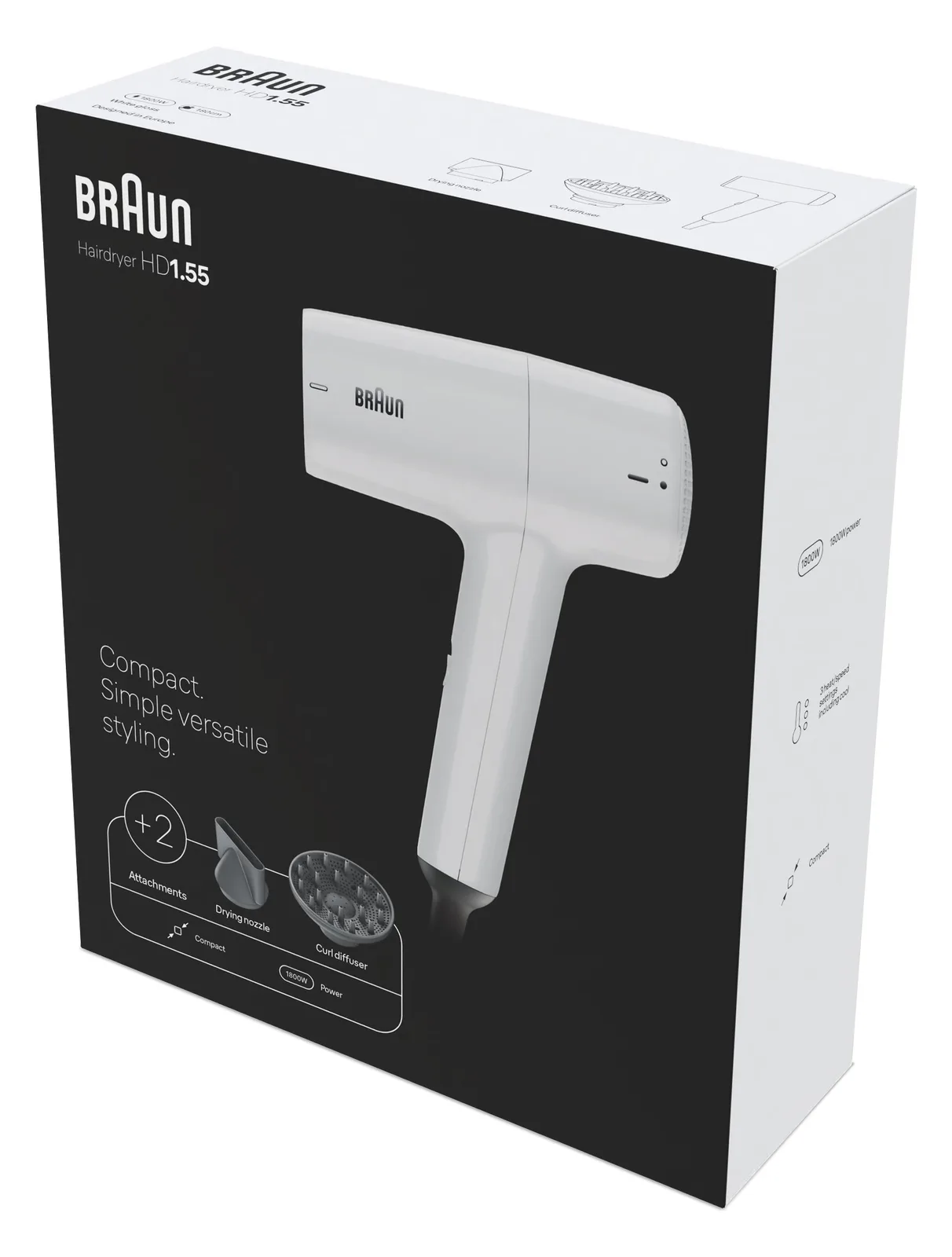 Braun HD1.55 Haartrockner, Weiß, Einfarbig, 1,8 m, 1800 W, Box, Ansicht 2