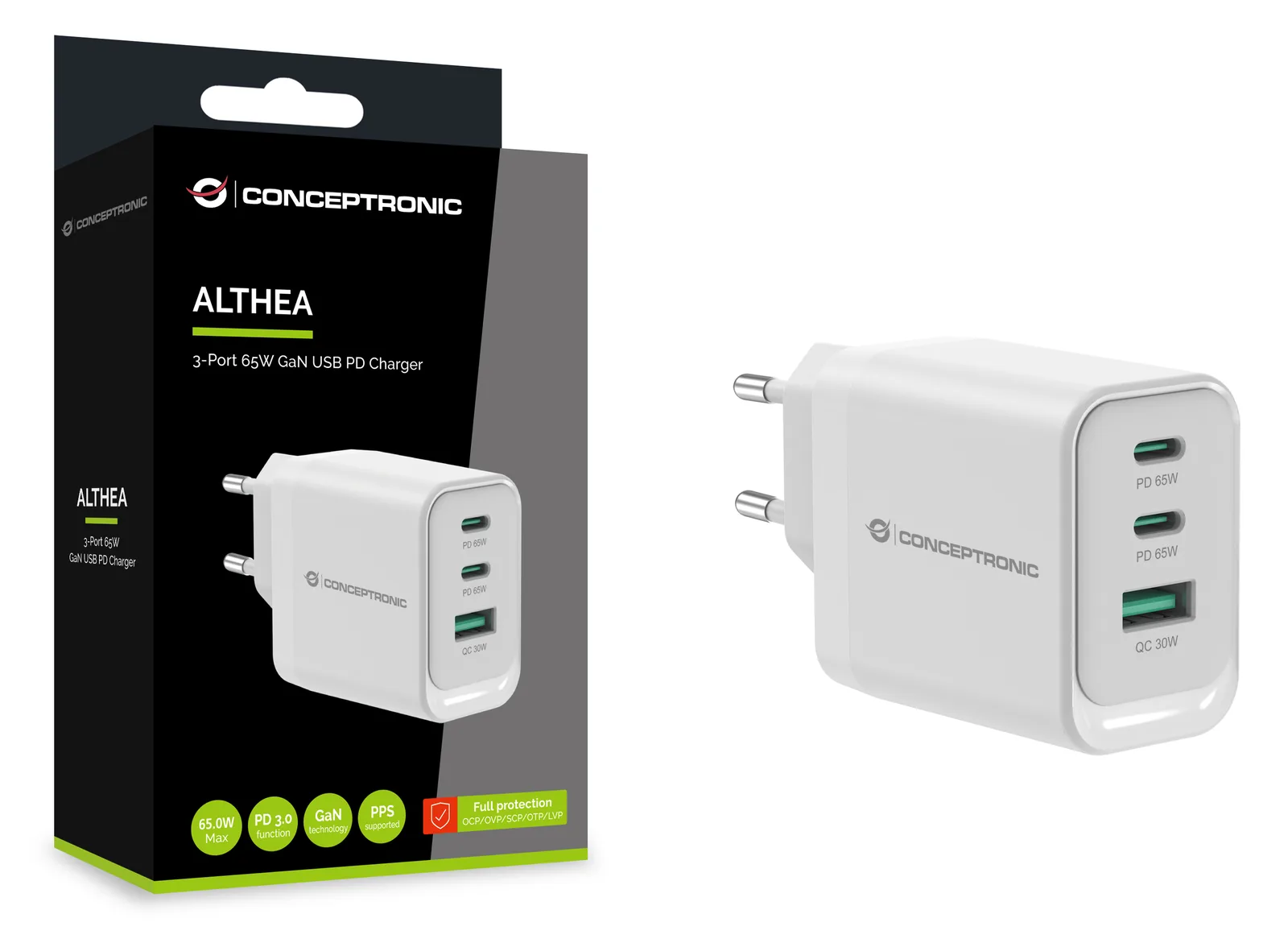 Conceptronic ALTHEA21W65 3-Port 65W GaN USB-PD-Ladegerät USB-C x 2 USB-A 1..., Ansicht 4