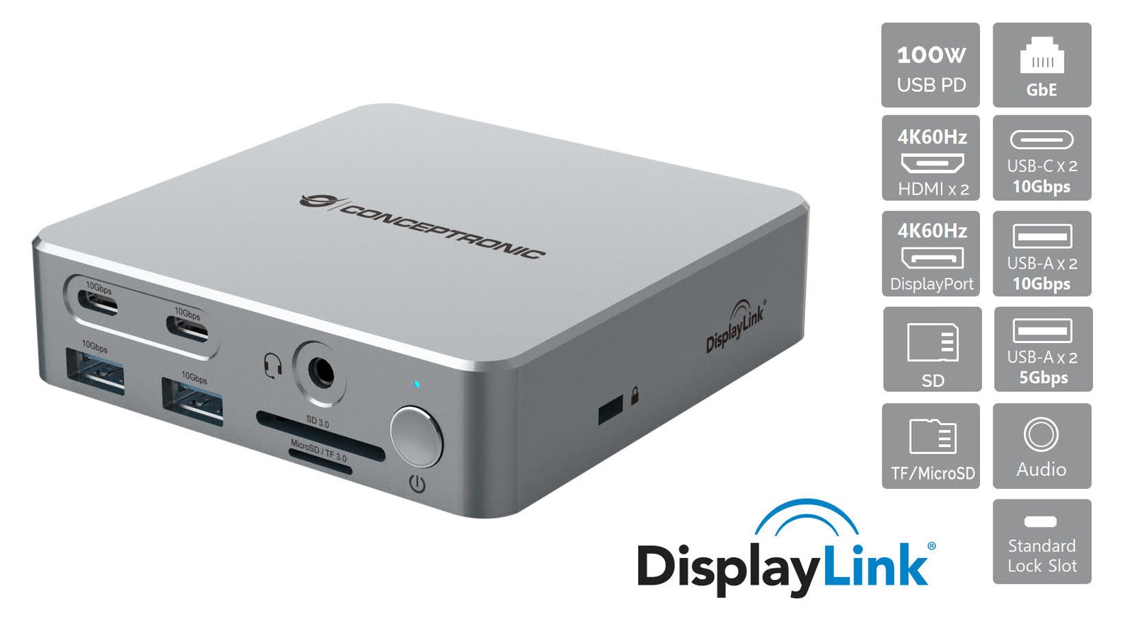 Conceptronic Dock USB-C->2xHDMI 2xUSB-C 4xUSB-A DP GbE LAN