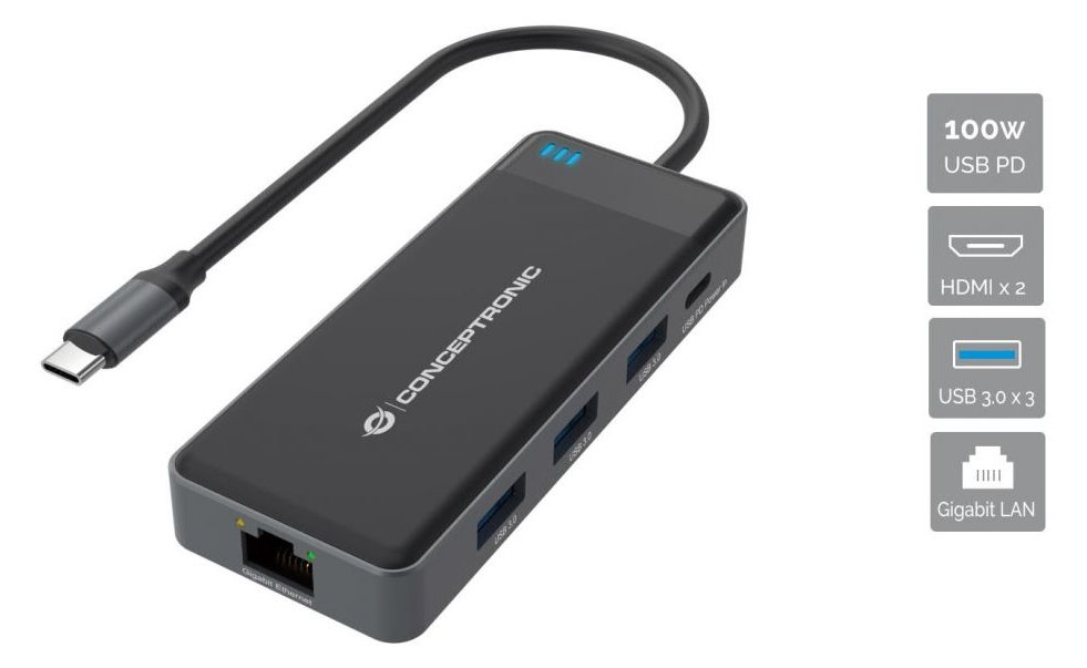 Conceptronic Dockingstation - USB-C - 2 x HDMI - 1GbE