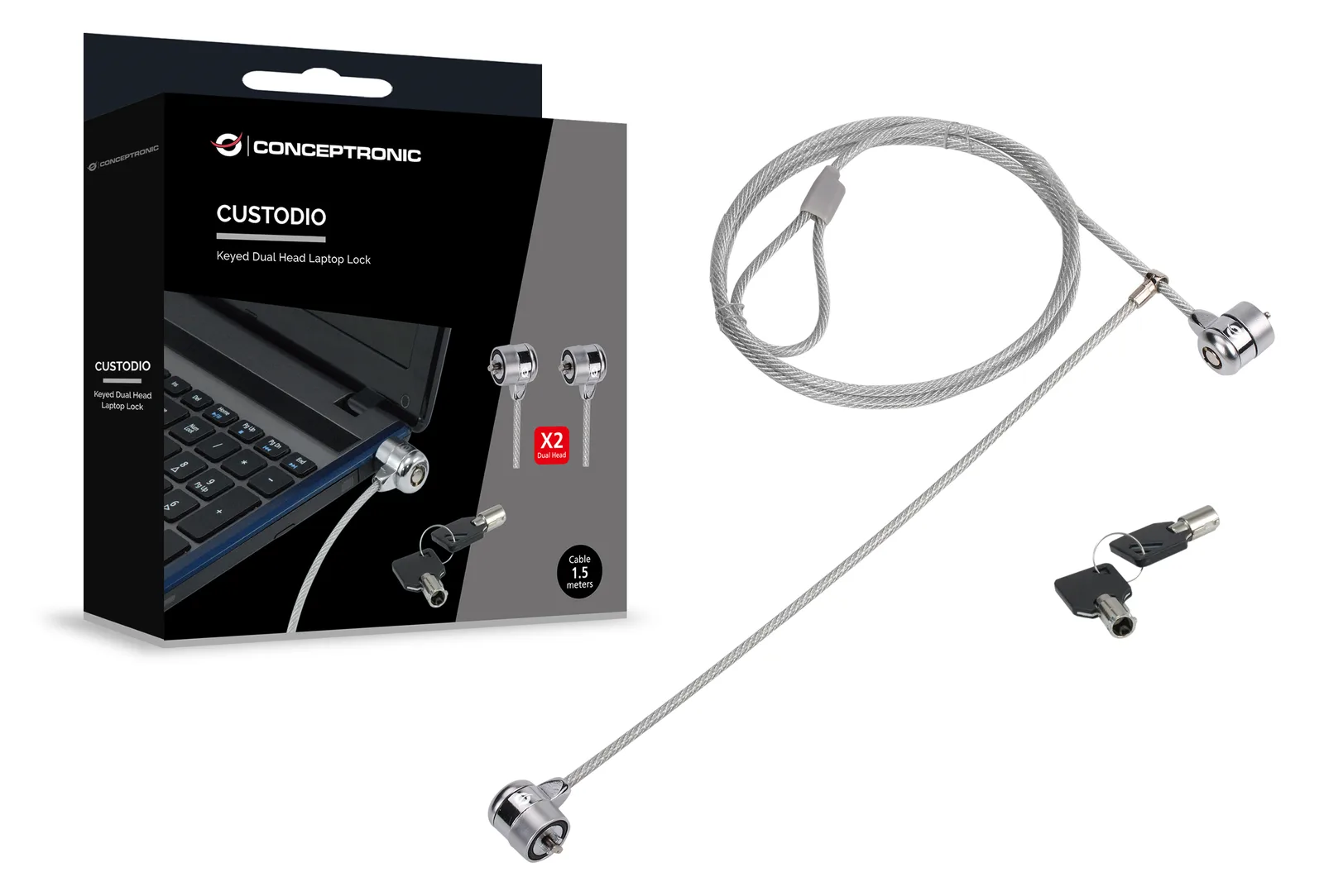 Conceptronic Doppel-Notebook-Schloss - Laptop-Kabelschloss mit 2 Schlössern - 1,5 Meter - 1,5 m - 2 Schlüssel - Silber, Ansicht 3