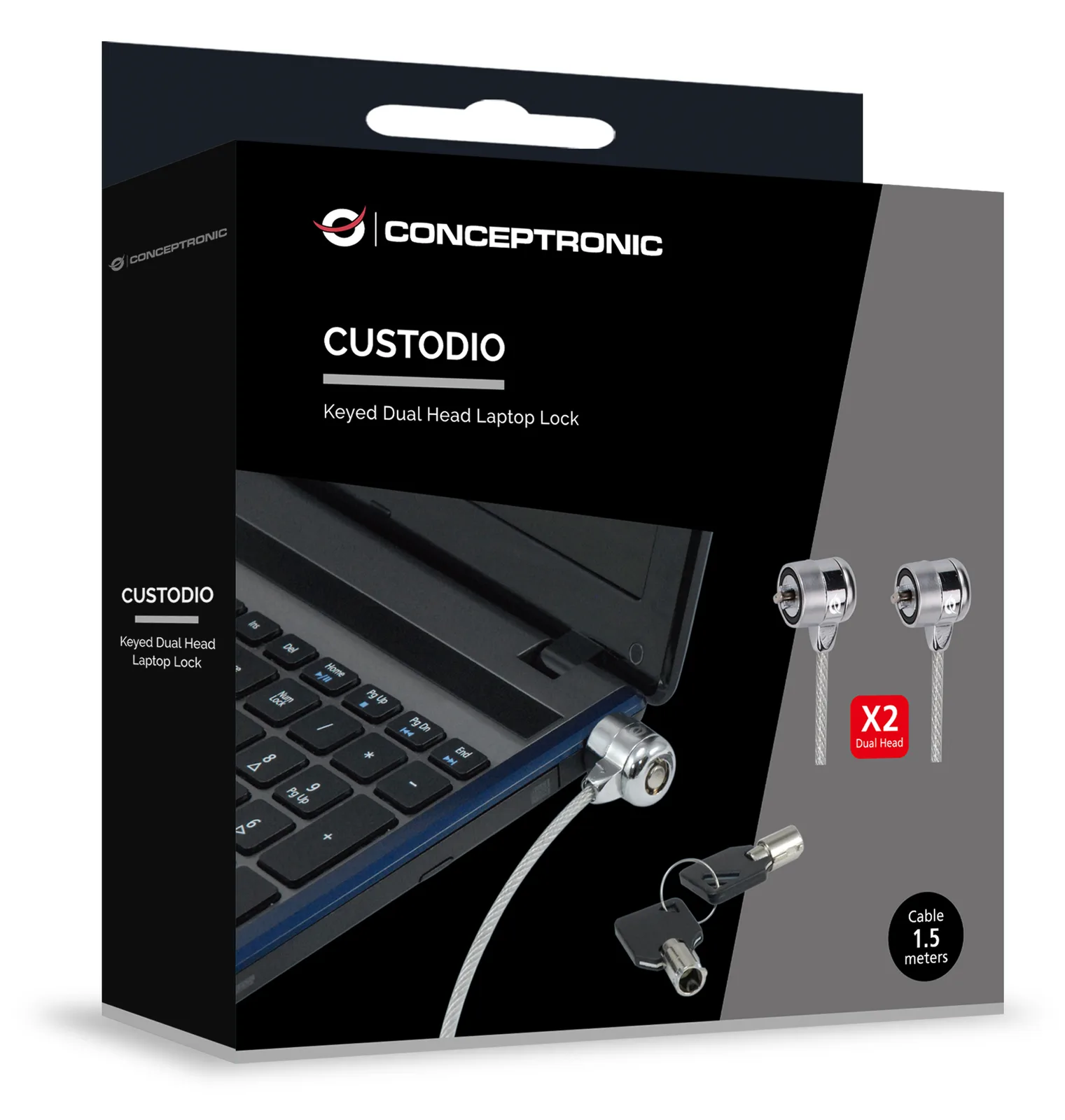 Conceptronic Doppel-Notebook-Schloss - Laptop-Kabelschloss mit 2 Schlössern - 1,5 Meter - 1,5 m - 2 Schlüssel - Silber, Ansicht 4