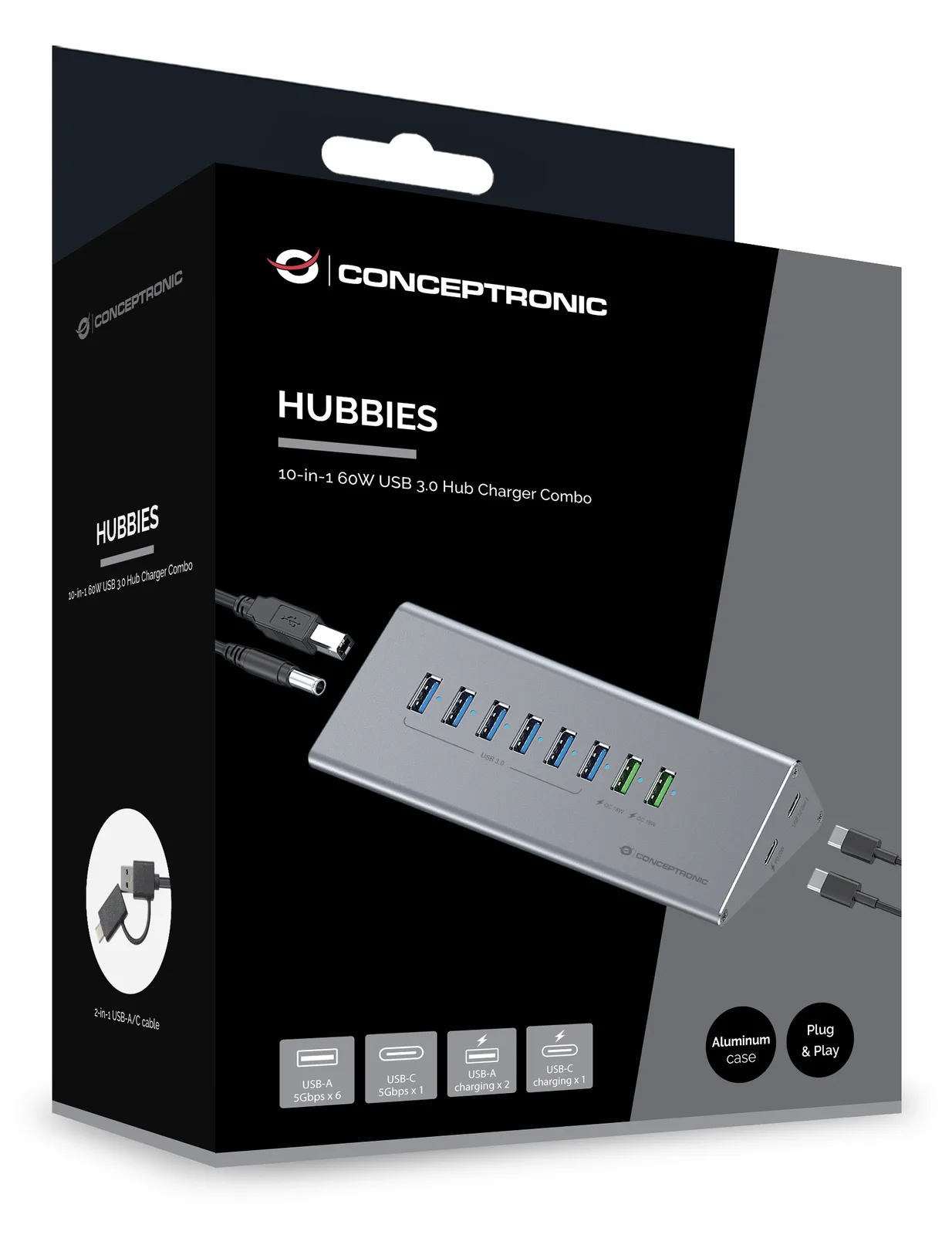 Conceptronic HUBBIES HUBBIES18G - Hub - 2-in-1 USB A/C cable, 60W, charger, PD 20W, QC 18W, Ansicht 2