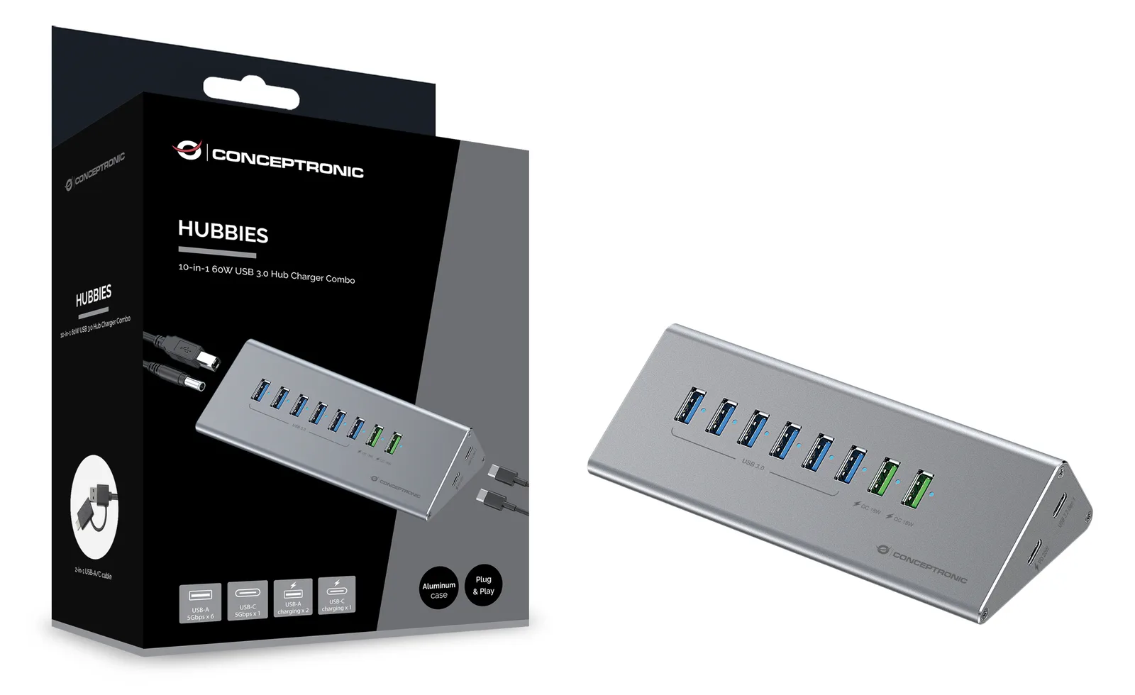 Conceptronic HUBBIES HUBBIES18G - Hub - 2-in-1 USB A/C cable, 60W, charger, PD 20W, QC 18W, Ansicht 3