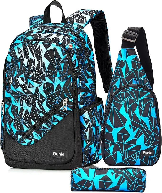 bunie Rucksack für Jungen Große Büchertasche wasserdichte Schultasche Federmäppchen Umhängetasche Set für Grundschule Mittelschule Gymnasium