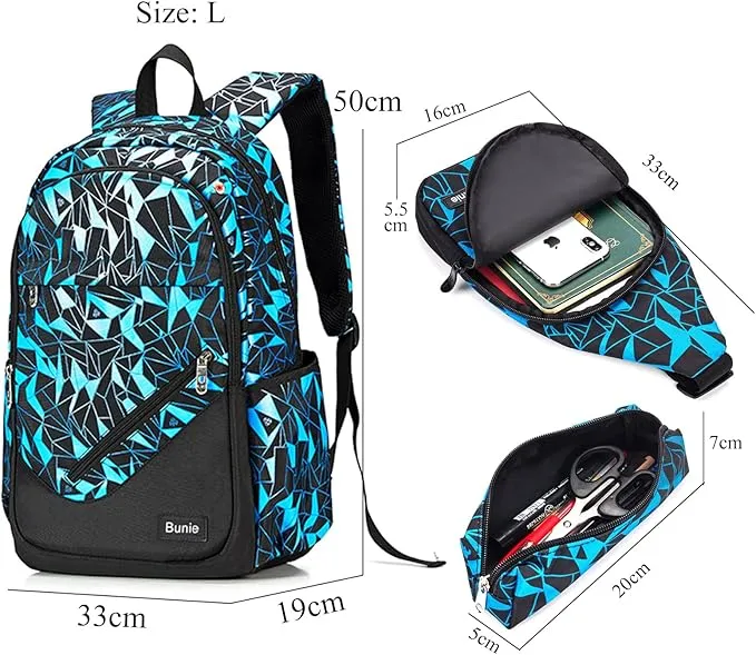 bunie Rucksack für Jungen Große Büchertasche wasserdichte Schultasche Federmäppchen Umhängetasche Set für Grundschule Mittelschule Gymnasium — Bild 3