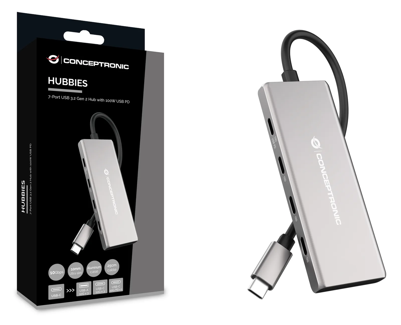 Conceptronic HUBBIES17G - USB 3.2 Gen 2 (3.1 Gen 2) Type-C - USB 3.2 Gen 2 (3.1 Gen 2) Type-A - USB 3.2 Gen 2(3.1 Gen 2), Ansicht 3