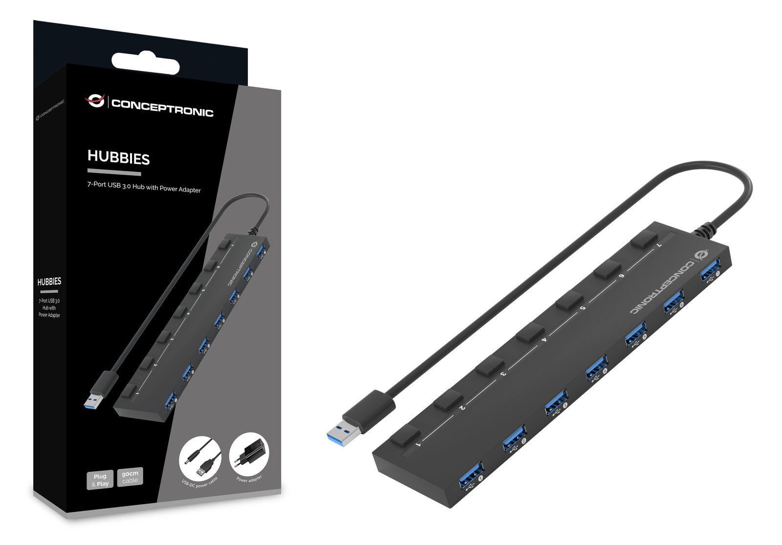Conceptronic HUBBIES19BP 7-Port-USB 3.0-Hub mit Netzteil - 90 cm Kabel - einzelner Netzschalter - USB 3.2 Gen 1