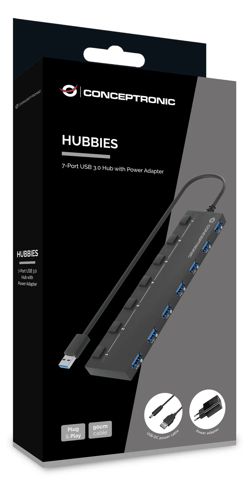 Conceptronic HUBBIES19BP 7-Port-USB 3.0-Hub mit Netzteil - 90 cm Kabel - einzelner Netzschalter - USB 3.2 Gen 1, Ansicht 2