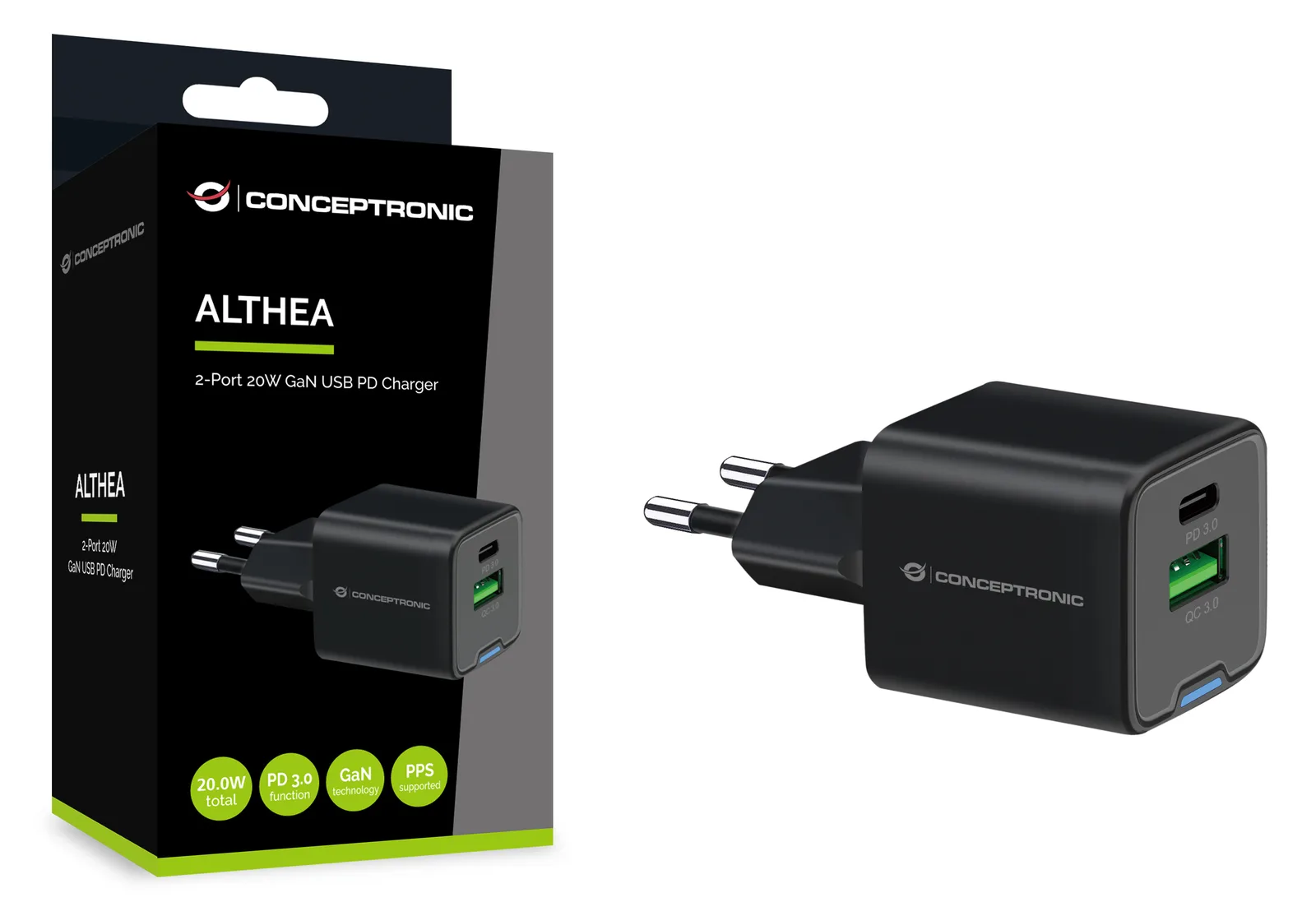 Conceptronic Ladegerät 2Port 20W 1xUSB-C 1xUSB-A 1.5m sw, Ansicht 3