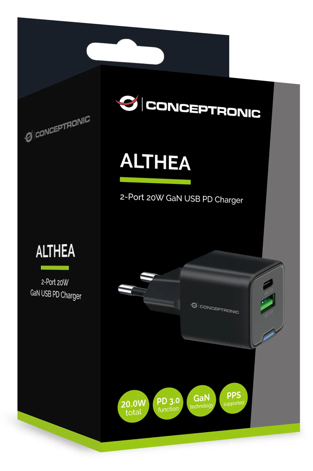 Conceptronic Ladegerät 2Port 20W 1xUSB-C 1xUSB-A 1.5m sw, Ansicht 4