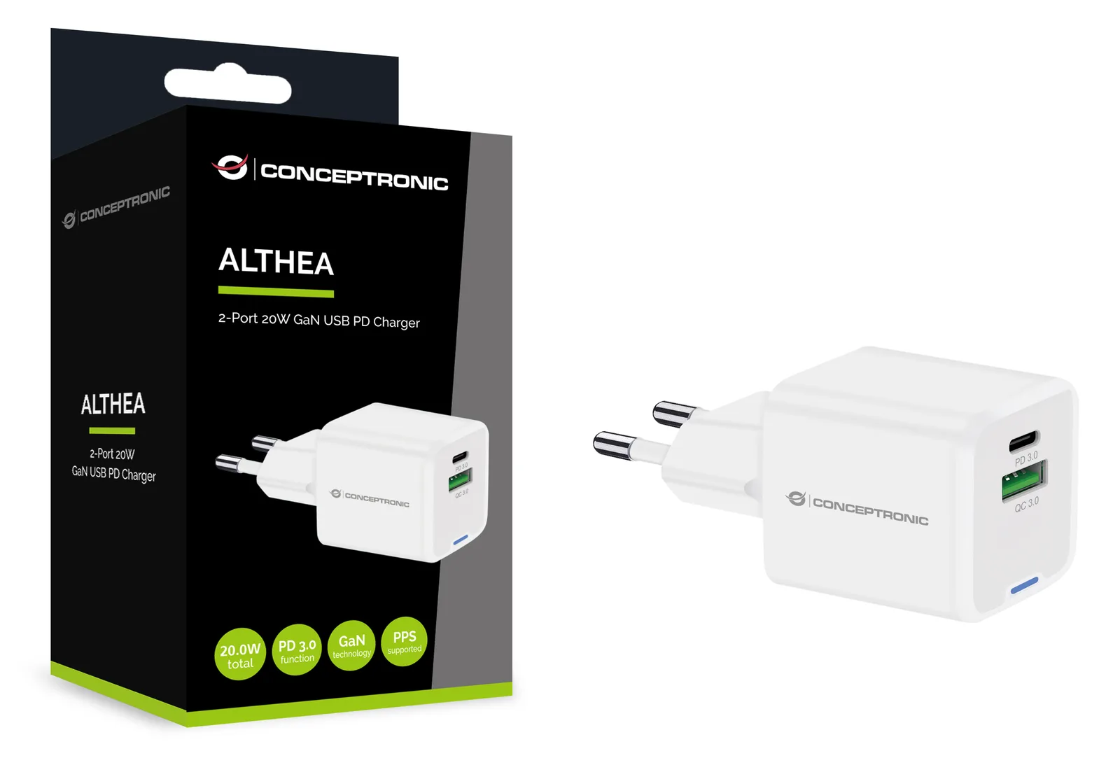 Conceptronic Ladegerät 2Port 20W 1xUSB-C 1xUSB-A 1.5m ws, Ansicht 3