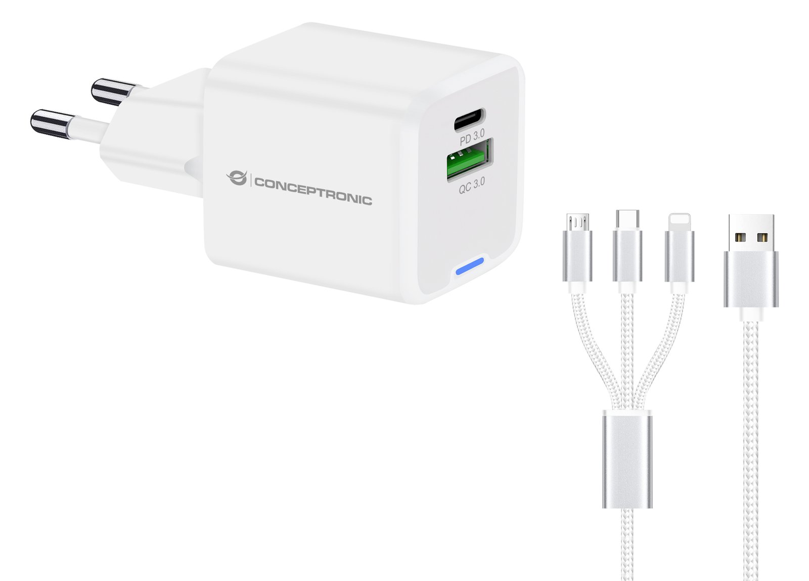 Conceptronic Ladegerät 2Port 33W 1xUSB-C 1xUSB-a+3-in-1 - weiß