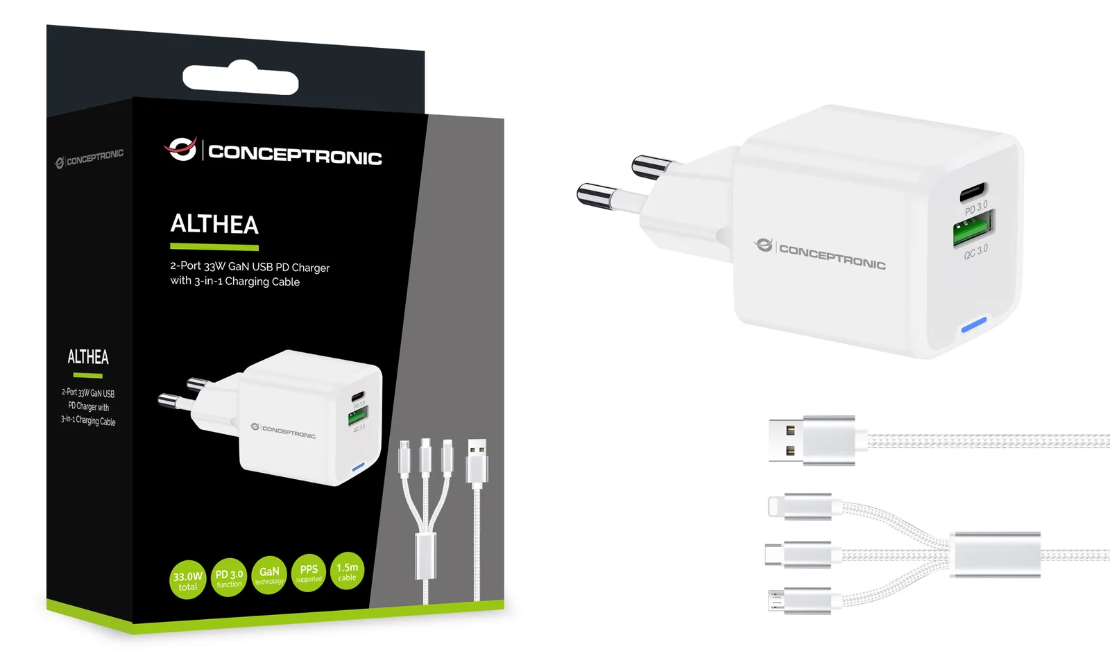 Conceptronic Ladegerät 2Port 33W 1xUSB-C 1xUSB-a+3-in-1 - weiß, Ansicht 3