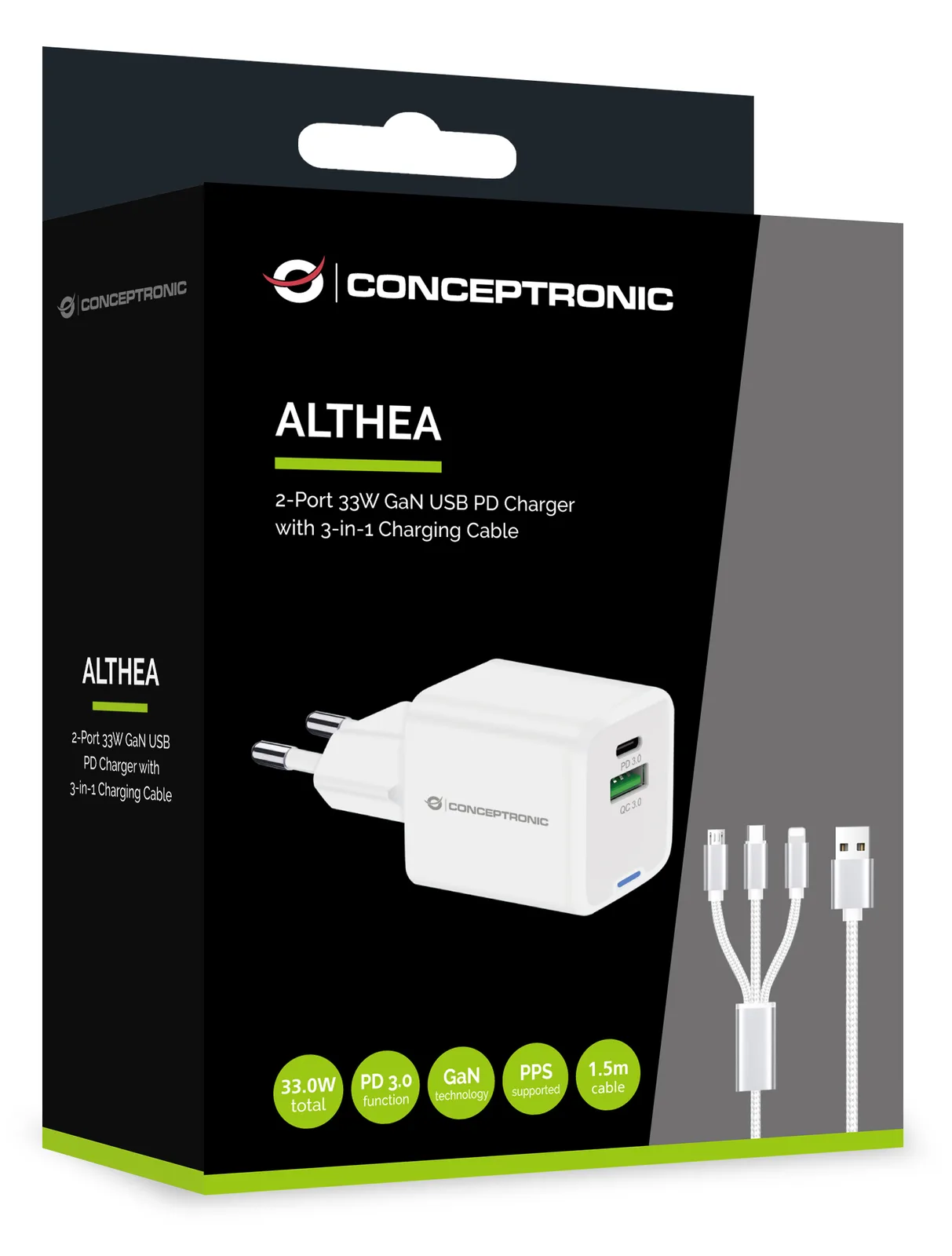 Conceptronic Ladegerät 2Port 33W 1xUSB-C 1xUSB-a+3-in-1 - weiß, Ansicht 4