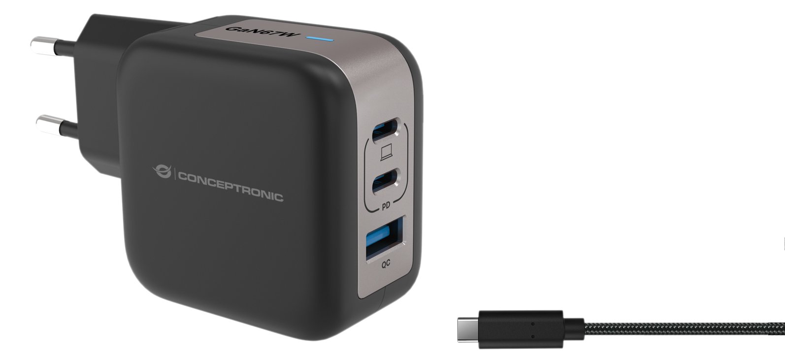 Conceptronic Ladegerät 3Port 67W 2xUSB-C 1xUSB-a+3-in-1 sw von LumaTech