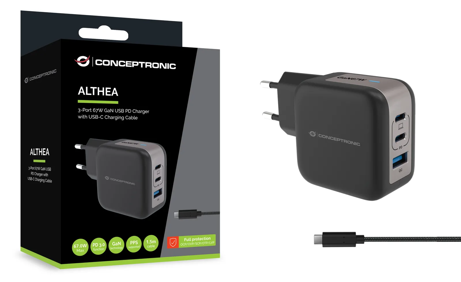 Conceptronic Ladegerät 3Port 67W 2xUSB-C 1xUSB-a+3-in-1 sw, Ansicht 2