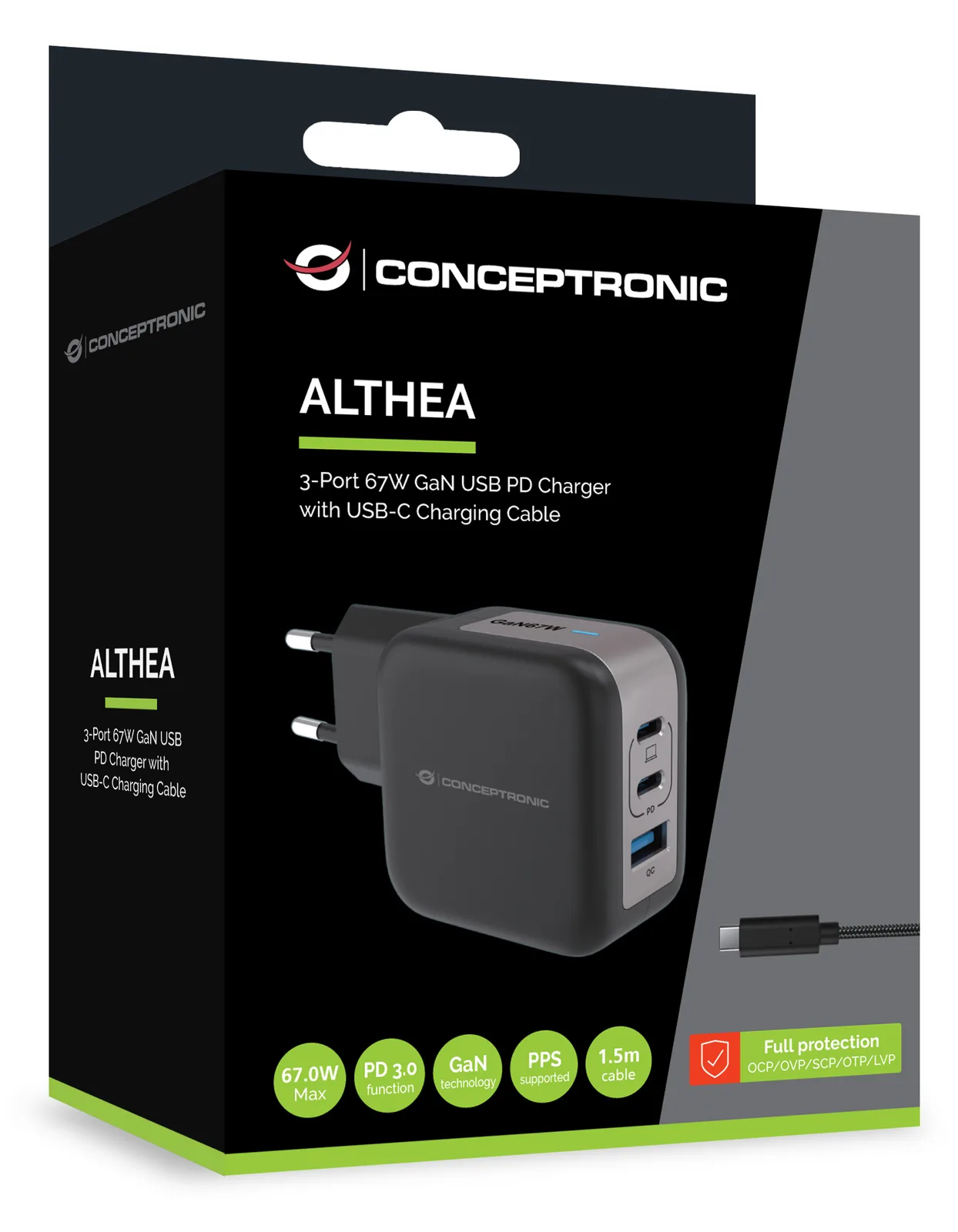 Conceptronic Ladegerät 3Port 67W 2xUSB-C 1xUSB-a+3-in-1 sw, Ansicht 3