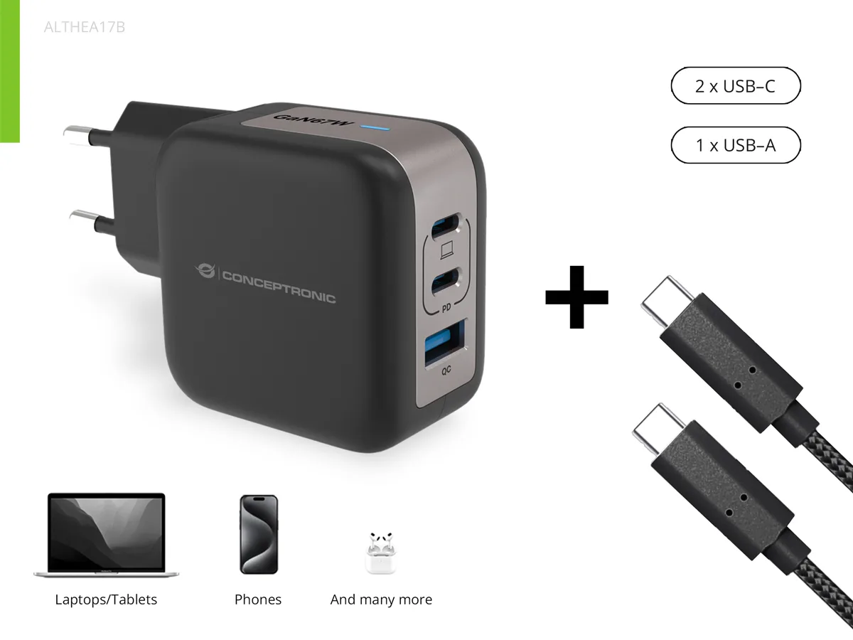 Conceptronic Ladegerät 3Port 67W 2xUSB-C 1xUSB-a+3-in-1 sw, Ansicht 4