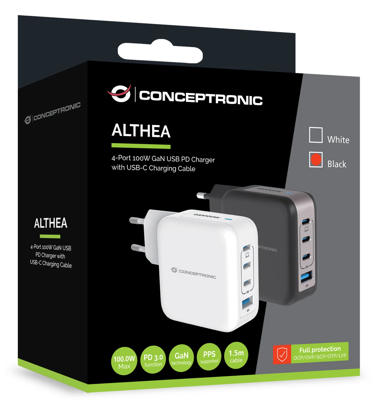 Conceptronic Ladegerät 4Port 100W 3xUSB-C 1xUSB-a 1.5m sw, Ansicht 2