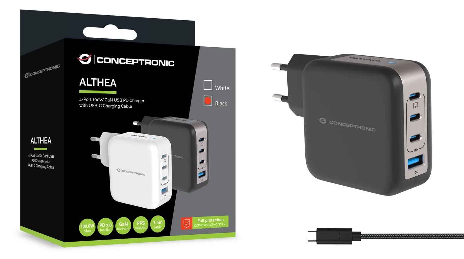 Conceptronic Ladegerät 4Port 100W 3xUSB-C 1xUSB-a 1.5m sw, Ansicht 3