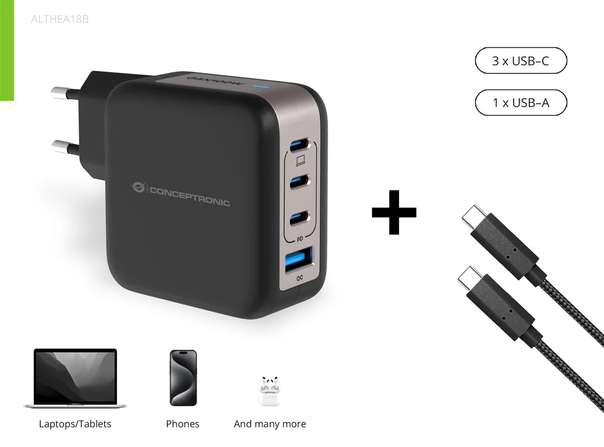 Conceptronic Ladegerät 4Port 100W 3xUSB-C 1xUSB-a 1.5m sw, Ansicht 4
