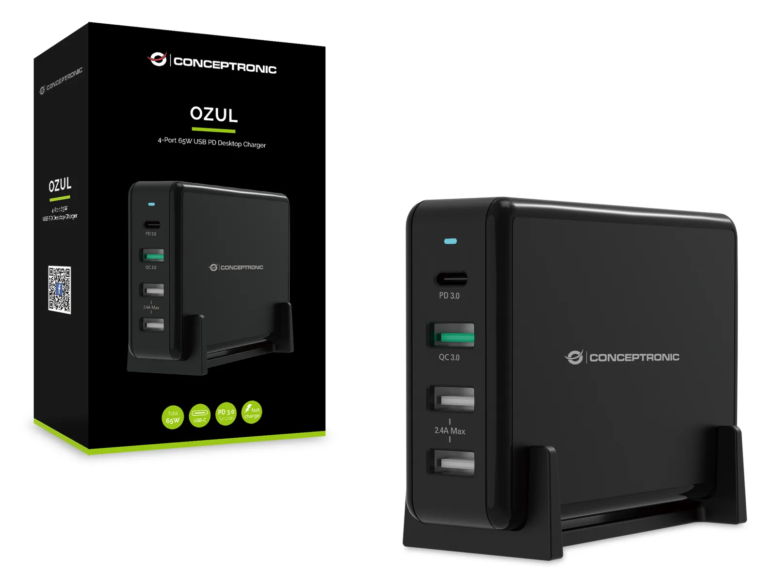 Conceptronic OZUL 4-Port 65W USB-PD Desktop-Ladegerät - Indoor - AC - 5 V - Schwarz, Ansicht 4