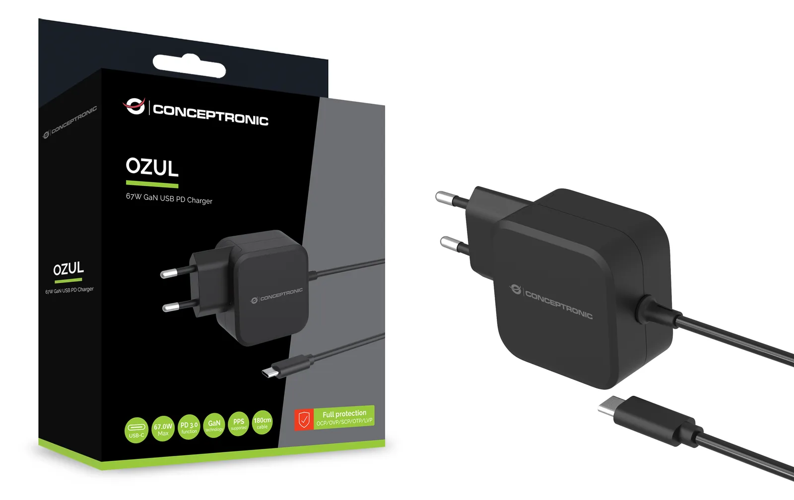 Conceptronic OZUL04BE 67W GaN USB-PD-Ladegerät - Eingebautes USB-C-Kabel - Drinnen - AC - 21 V - 1,8 m - Schwarz, Ansicht 2