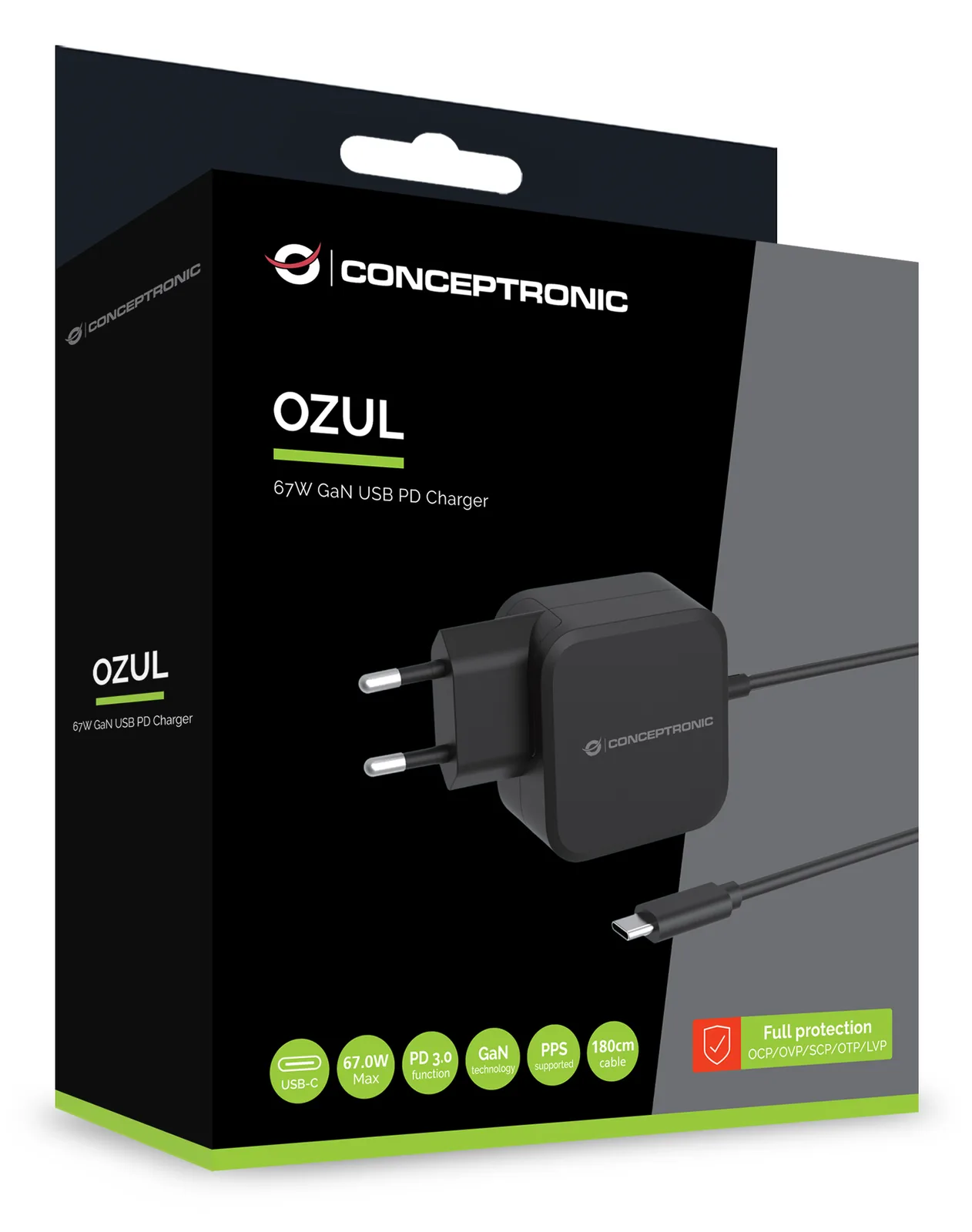 Conceptronic OZUL04BE 67W GaN USB-PD-Ladegerät - Eingebautes USB-C-Kabel - Drinnen - AC - 21 V - 1,8 m - Schwarz, Ansicht 3