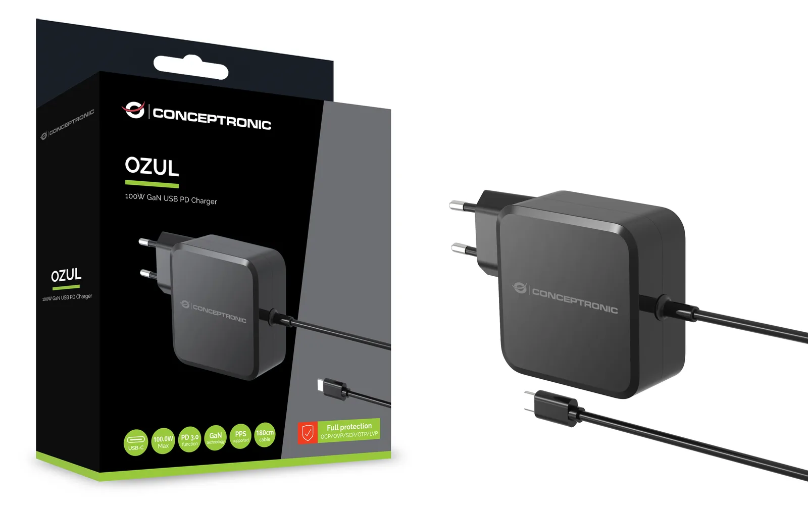Conceptronic OZUL05BE 100W GaN USB-PD-Ladegerät - Eingebautes USB-C-Kabel - Drinnen - AC - 20 V - 1,8 m - Schwarz, Ansicht 2