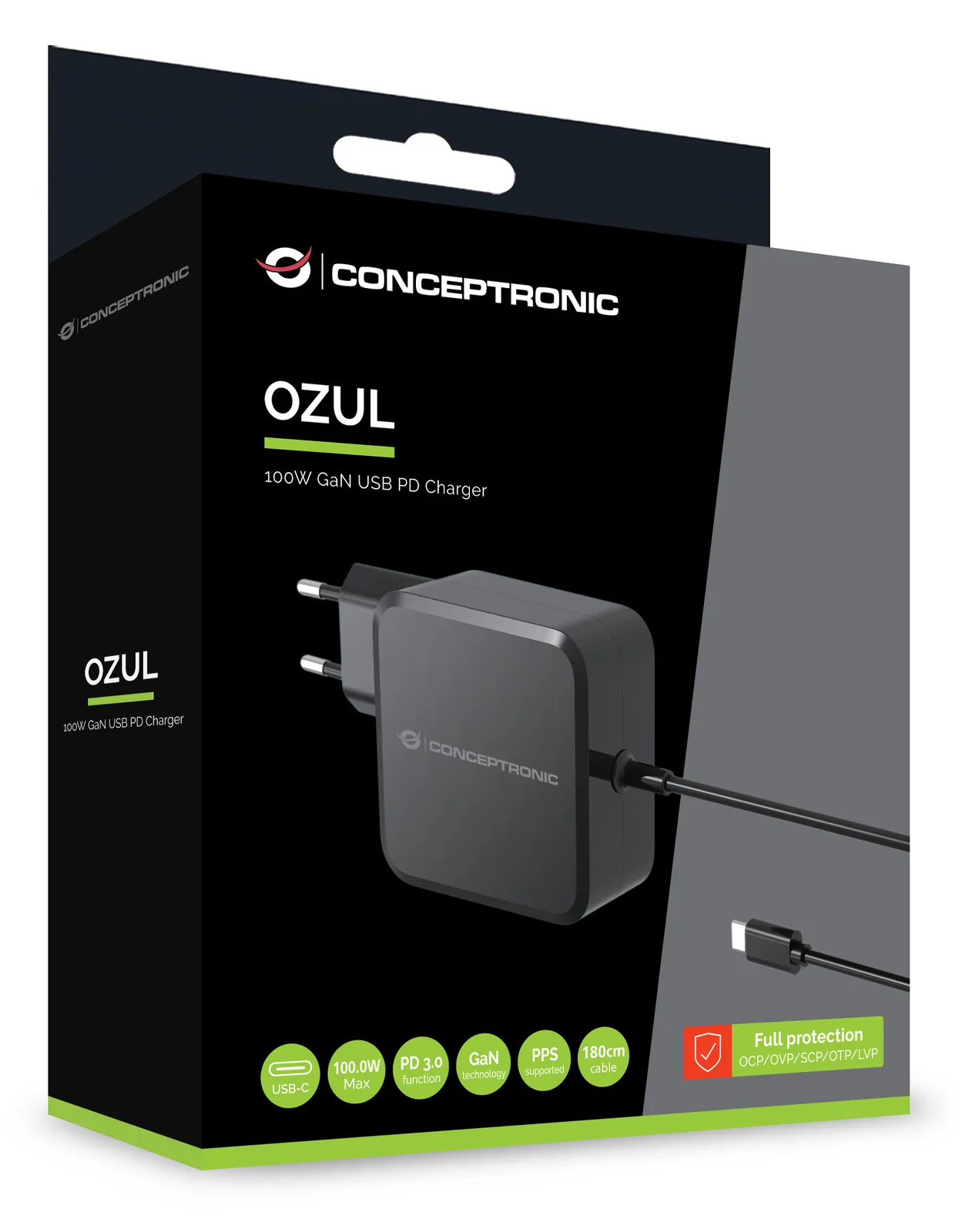 Conceptronic OZUL05BE 100W GaN USB-PD-Ladegerät - Eingebautes USB-C-Kabel - Drinnen - AC - 20 V - 1,8 m - Schwarz, Ansicht 3
