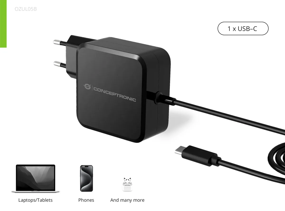 Conceptronic OZUL05BE 100W GaN USB-PD-Ladegerät - Eingebautes USB-C-Kabel - Drinnen - AC - 20 V - 1,8 m - Schwarz, Ansicht 4