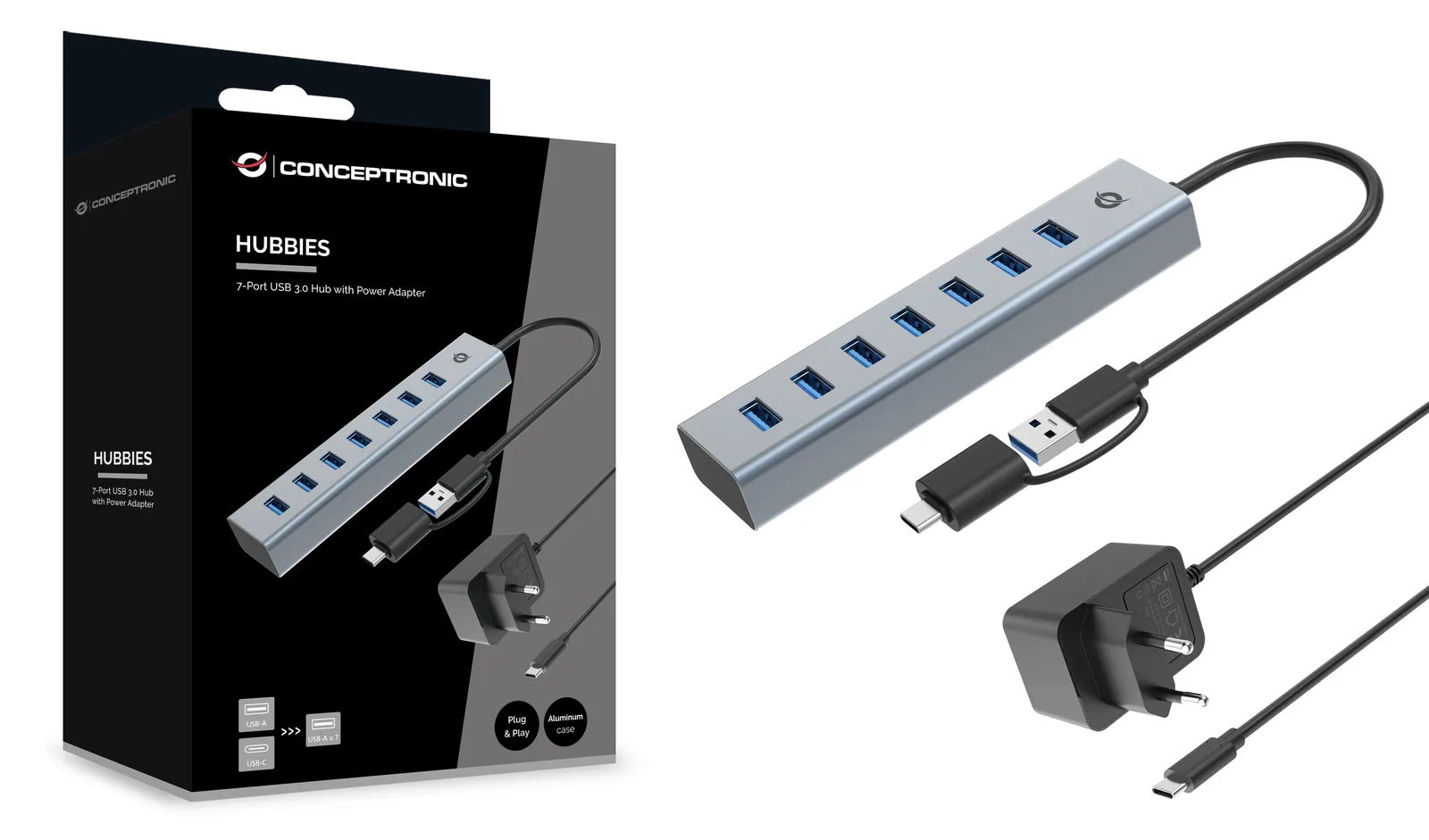 Conceptronic USB-Hub 7-Port 3.0 ->7x3.0+TypC 5Gbps m.Nz gr, Ansicht 4