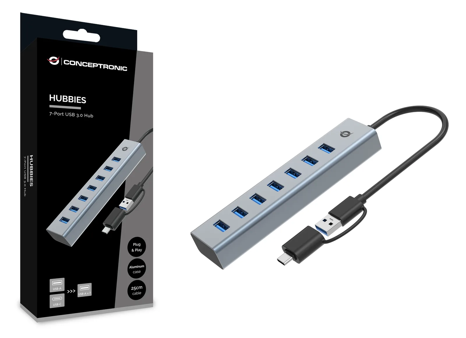 Conceptronic USB-Hub 7-Port 3.0/C->7x3.0+TypC 5Gbps o.Nz gr, Ansicht 3