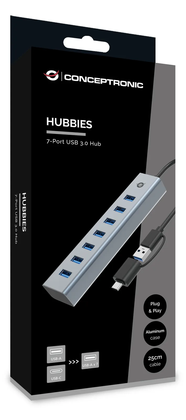 Conceptronic USB-Hub 7-Port 3.0/C->7x3.0+TypC 5Gbps o.Nz gr, Ansicht 4