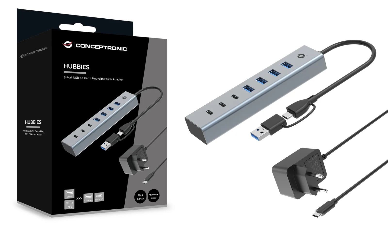 Conceptronic USB-Hub 7-Port 3.2/C->4x3.0 3xUSB-C m.Netz. gr, Ansicht 4