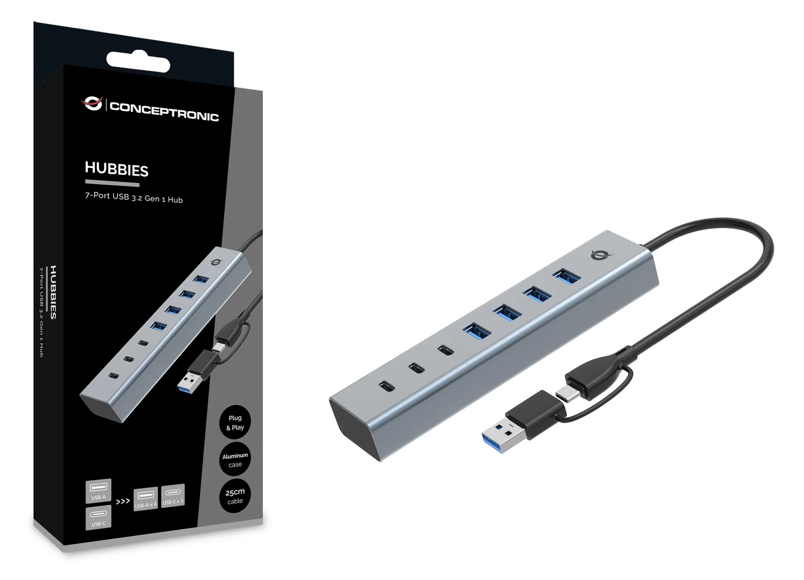 Conceptronic USB-Hub 7-Port 3.2/C->4x3.0 3xUSB-C o.Netz. gr, Ansicht 3