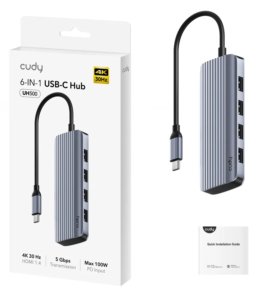 CUDY 6-IN-1 USB-C Hub 4K HDMI, UH500 - Hub - Router, Ansicht 4