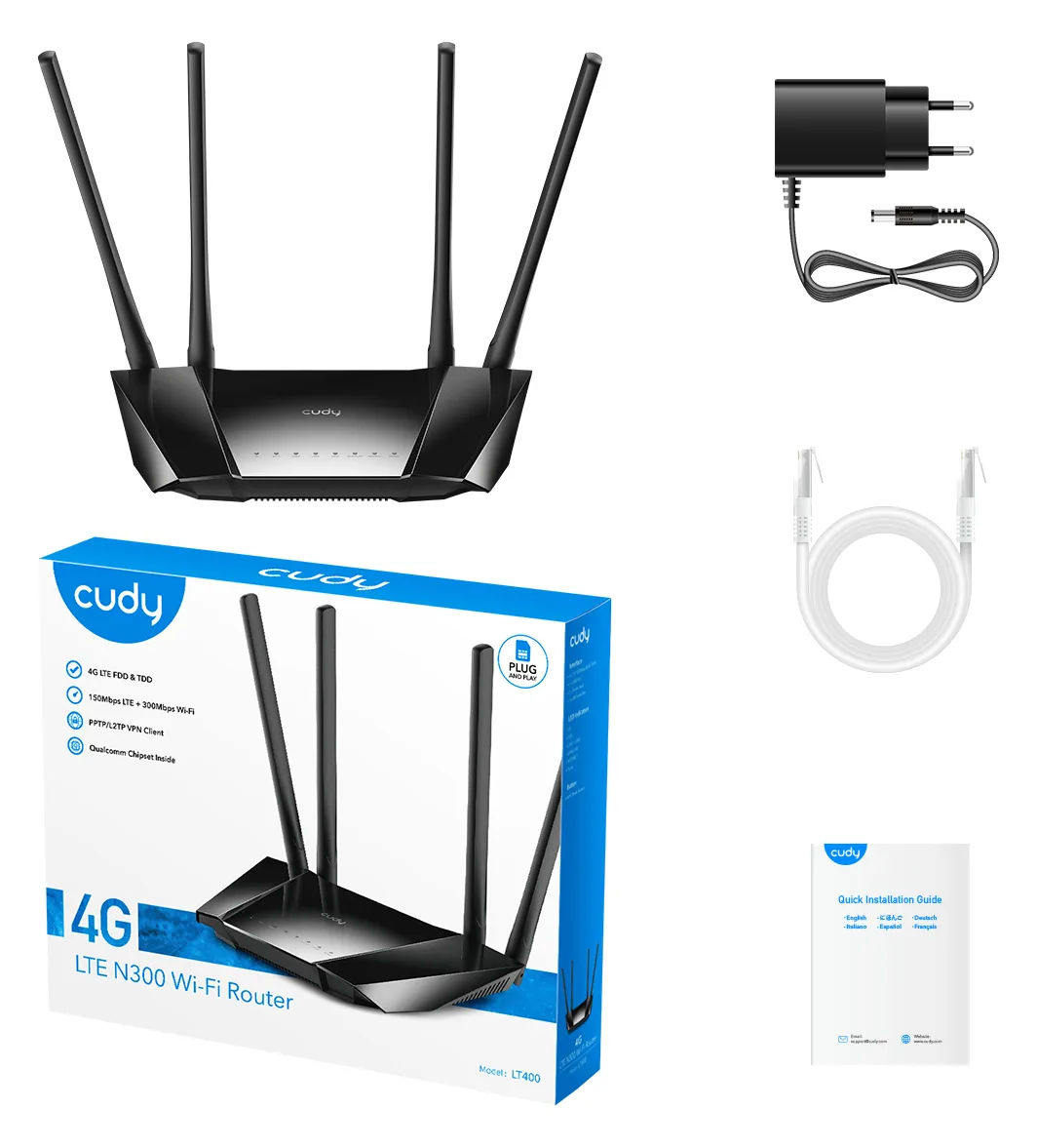 CUDY LT400, Wi-Fi 4 (802.11n), Einzelband (2,4GHz), Ethernet/LAN, 4G, Schwarz, Desktop-/Pol-Router, Ansicht 6
