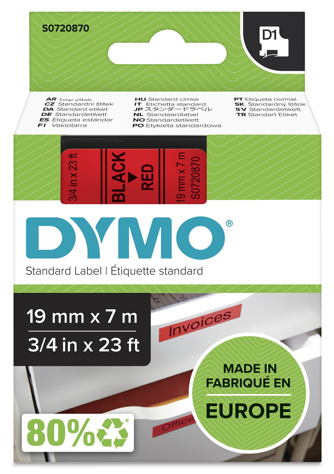 Dymo D1 - Glänzend - schwarz auf rot - Rolle (1,9 cm x 7 m)