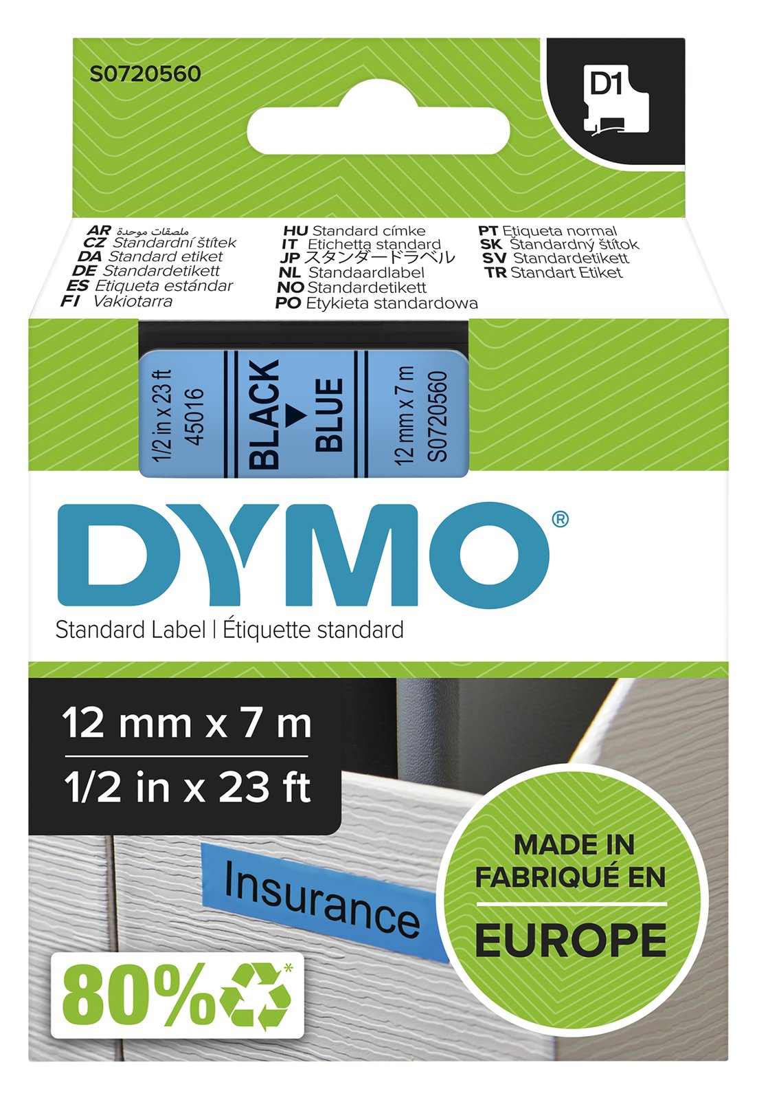 Dymo D1 - Selbstklebend - Schwarz auf Blau - Rolle (1,2 cm x 7 m)