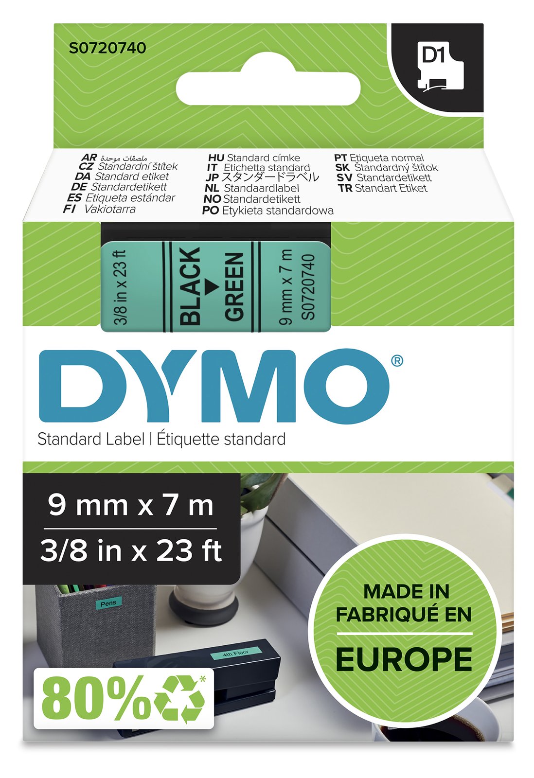 Dymo D1 - Selbstklebend - Schwarz auf Grün - Rolle (0,9 cm x 7 m)
