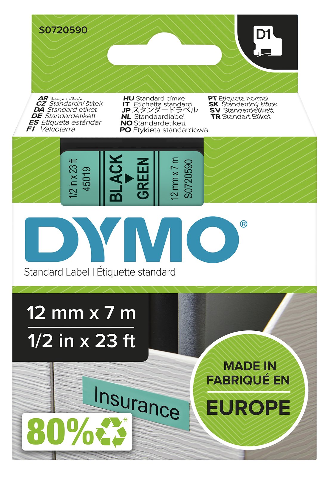 Dymo D1 - Selbstklebend - Schwarz auf Grün - Rolle (1,2 cm x 7 m)