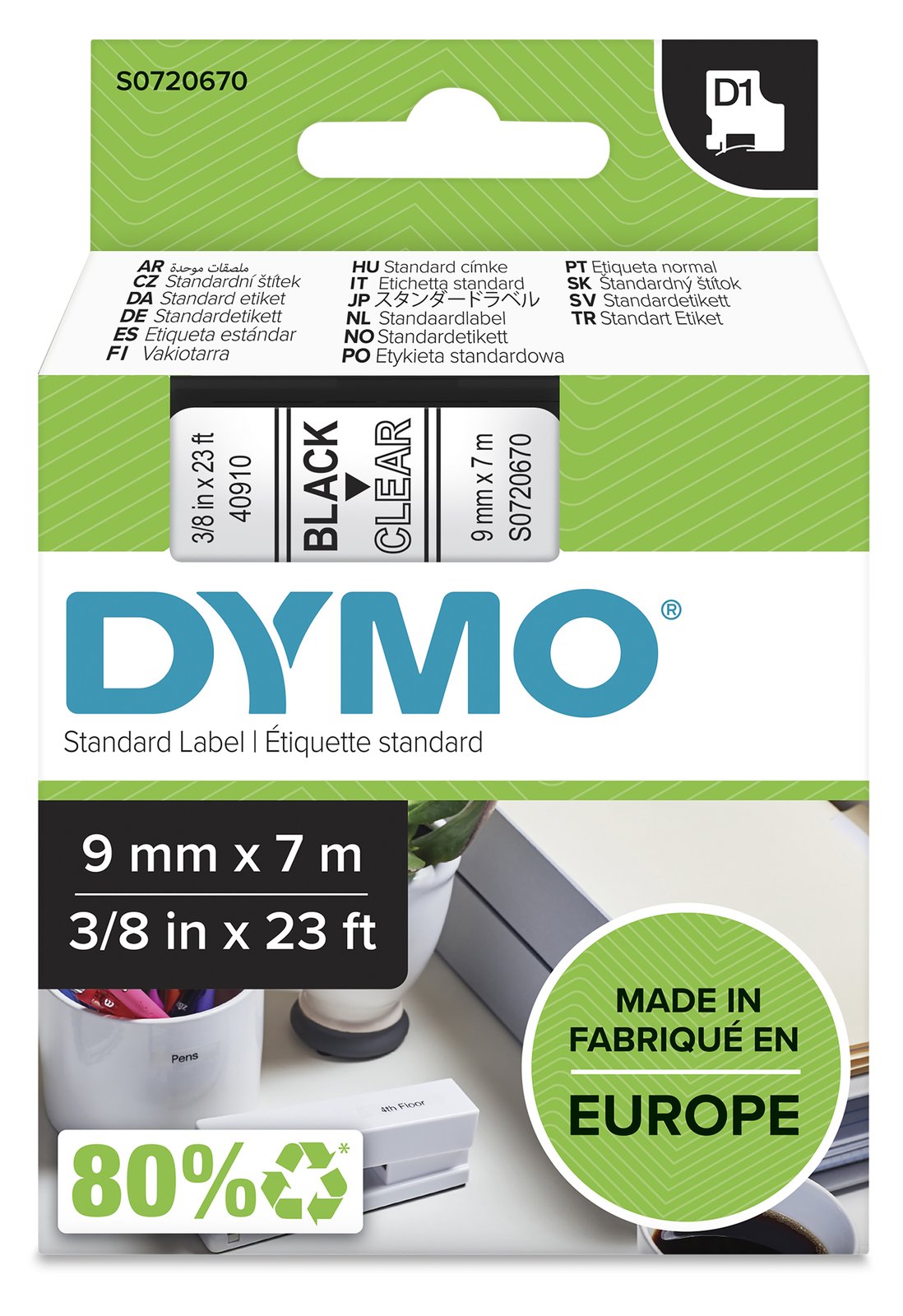 Dymo D1 - Selbstklebend - Schwarz auf Transparent - Rolle (0,9 cm x 7 m)