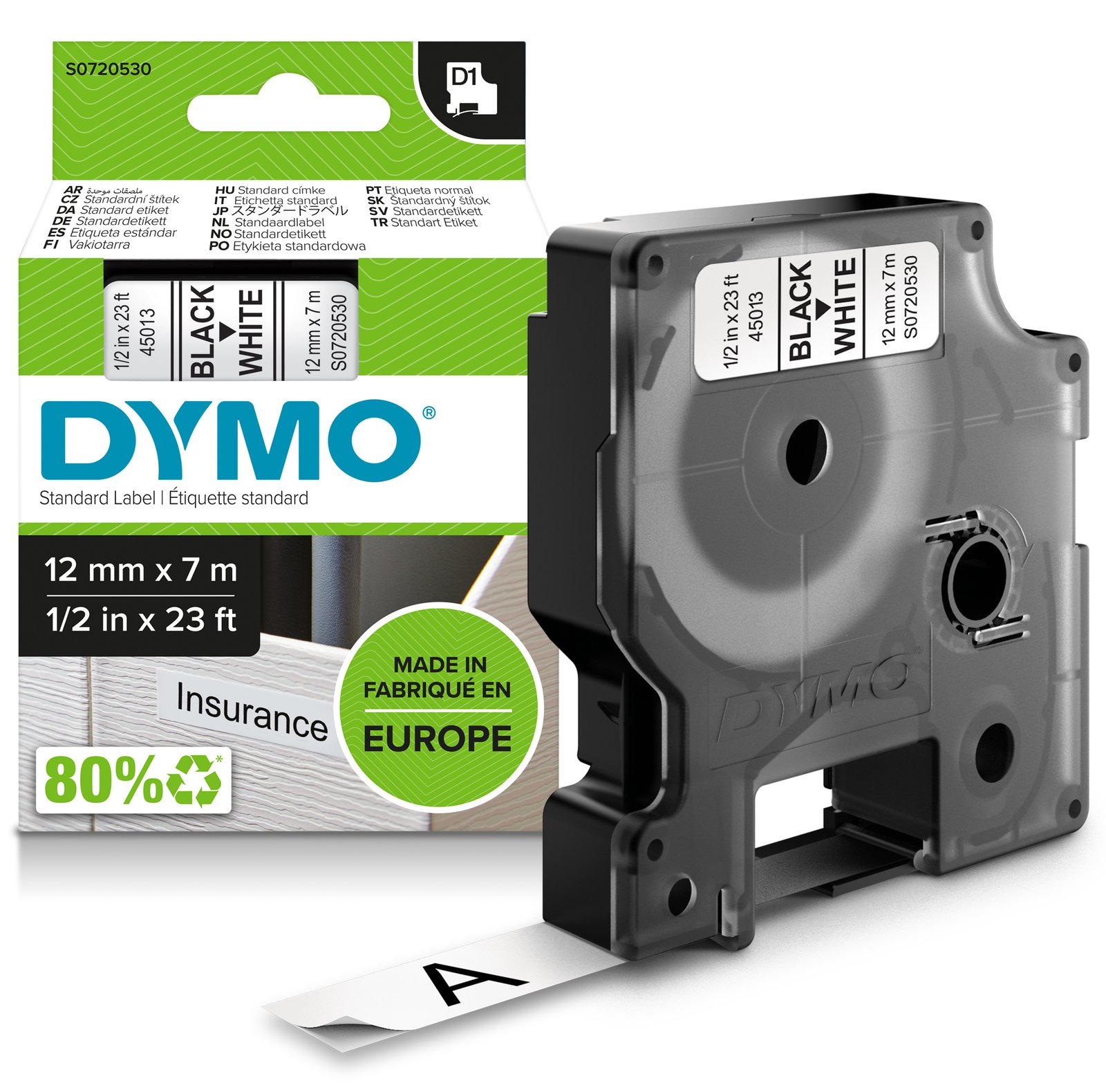 Dymo D1 - Selbstklebend - Schwarz auf Weiß - Rolle (1,2 cm x 7 m)