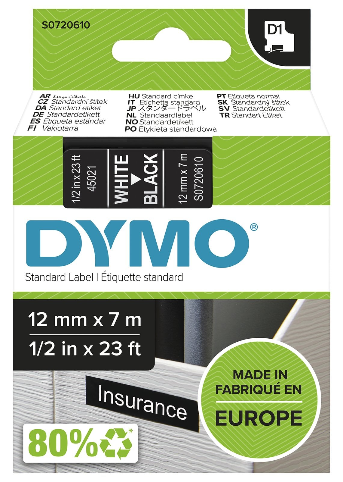 Dymo D1 - Selbstklebend - Weiß auf Schwarz - Rolle (1,2 cm x 7 m)
