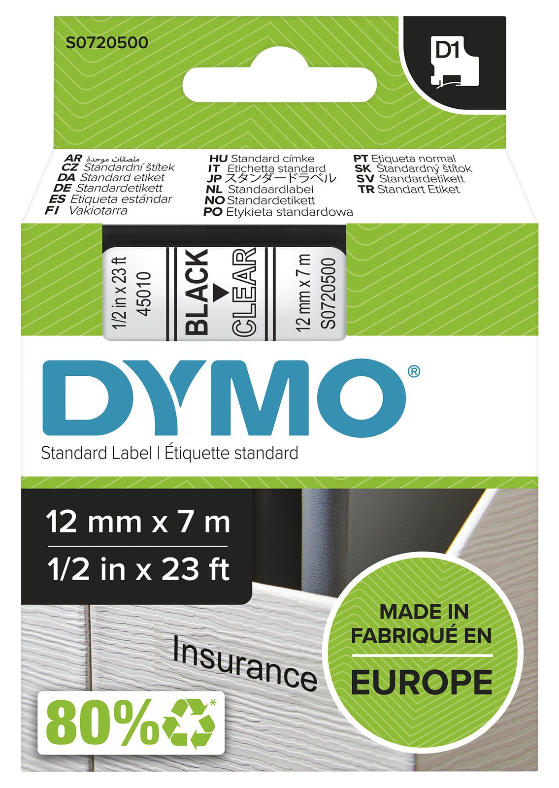 Dymo D1 Standard - Polyester - selbstklebend - schwarz auf durchsichtig - Rolle (1,2 cm x 7 m)