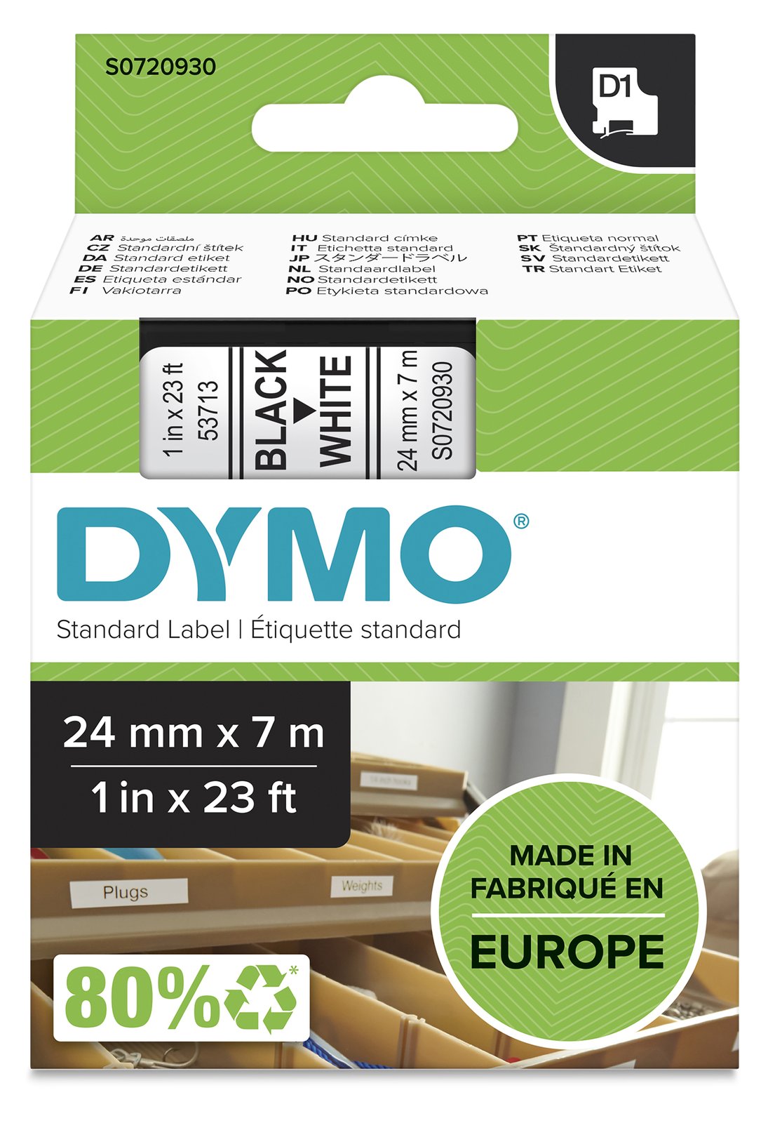 Dymo D1 Standard - Polyester - selbstklebend - Schwarz auf Weiß - Rolle (2,4 cm x 7 m)