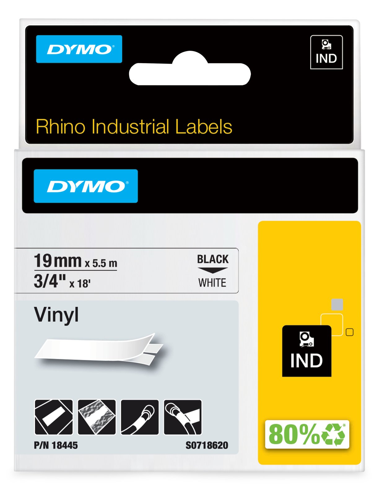 Dymo IND - Vinyl - Schwarz auf Weiß - Roll (1.9 cm x 5.5 m)